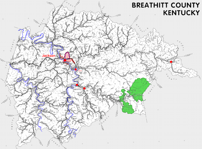 Map of Breathitt County, Kentucky