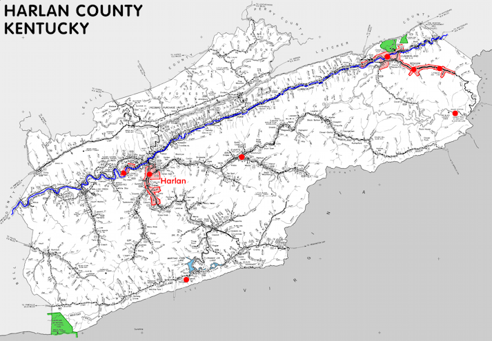 Map of Harlan County, Kentucky